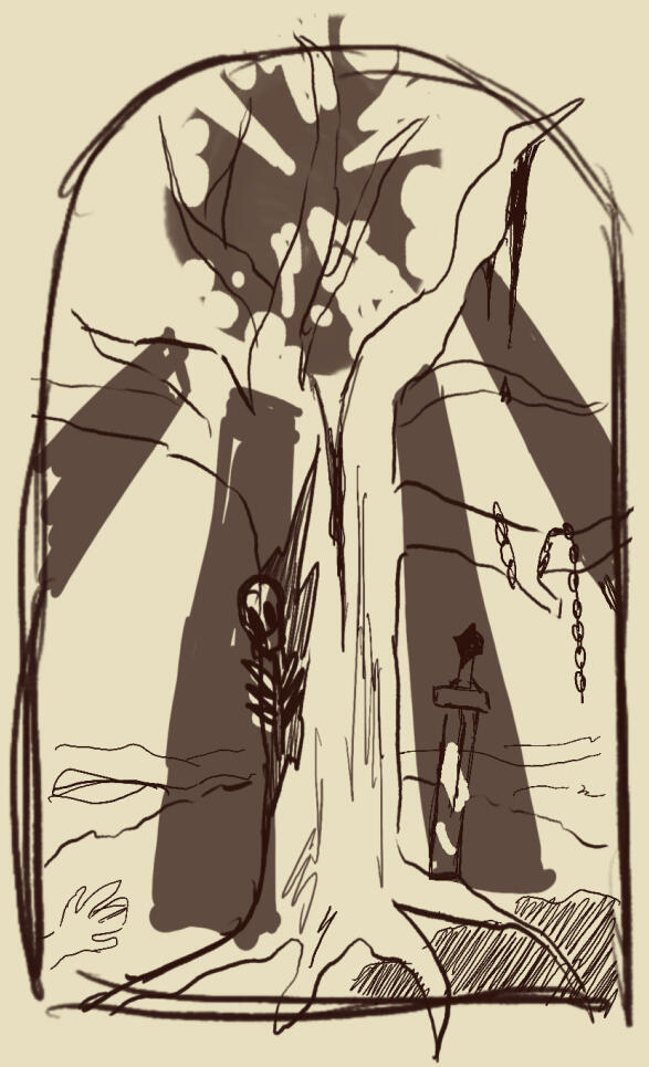 first concept - the tree of life, decayed, with a corrupted blotted out sun behind it