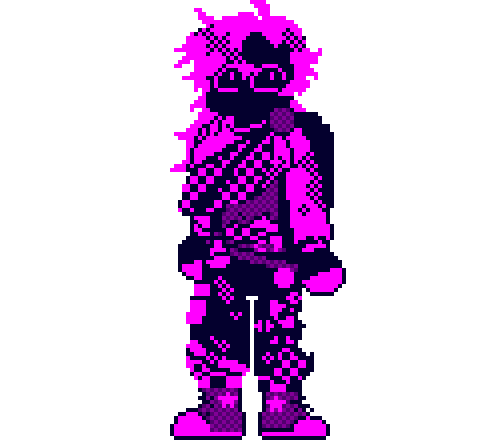 scaled down pixel art version of the design from a project i ended up using this character in. it was a challenge to fit in everything while keeping it recognizable, but i learned a lot!