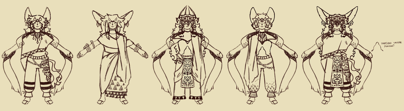 row of first concepts after i had settled on making my character a Zonai. i had created a lot of elements separately and tried mixing and matching them - hence the repetition.